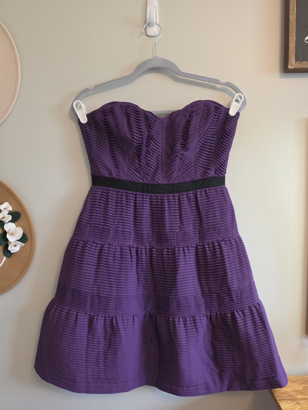 BCBGMaxAzria Strapless Purple (Grape) Tiered Pleated Dress with Black Waist